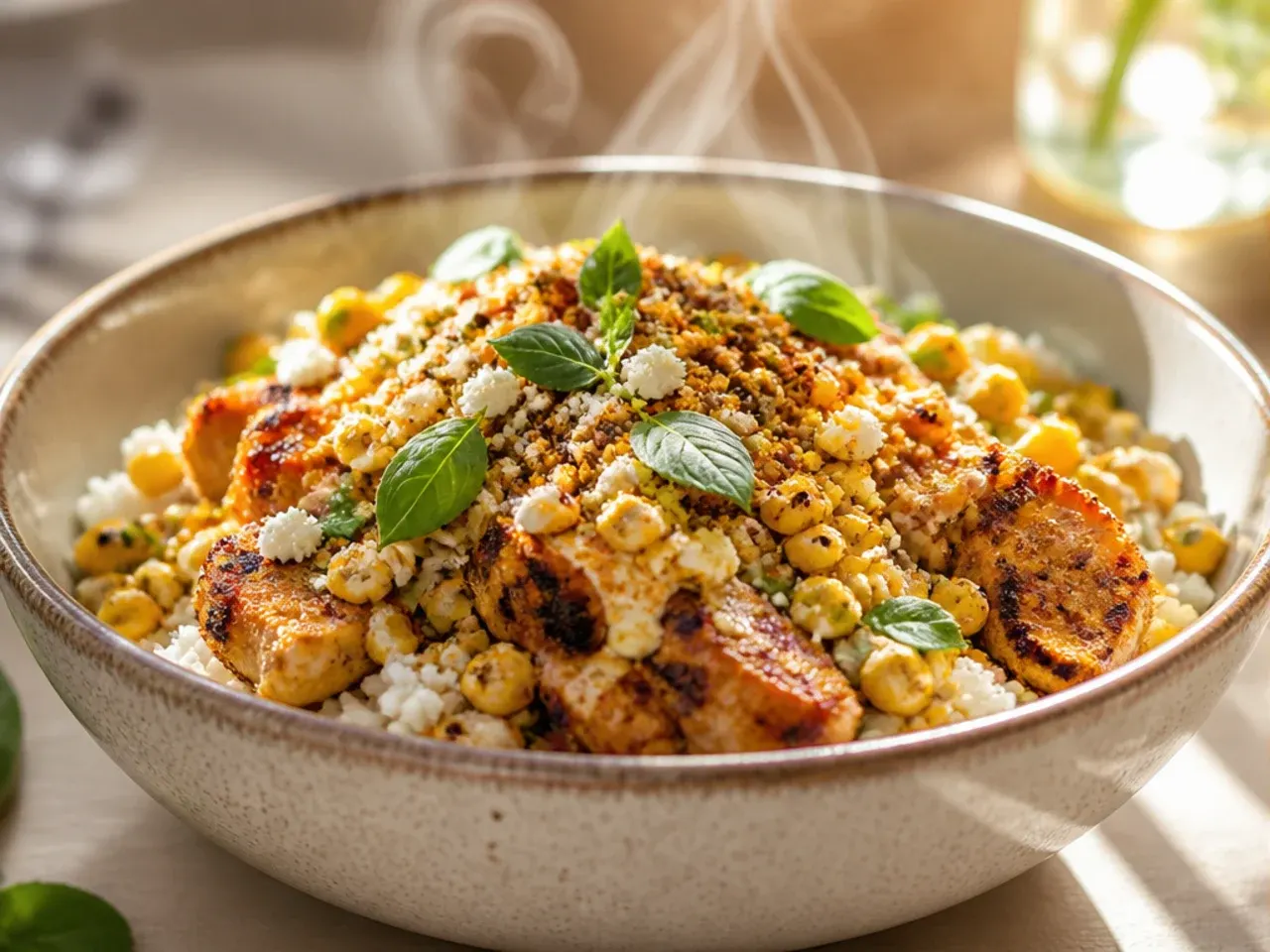 Festive street corn chicken rice bowl platter with pomegranate seeds, red pepper and toasted pepitas