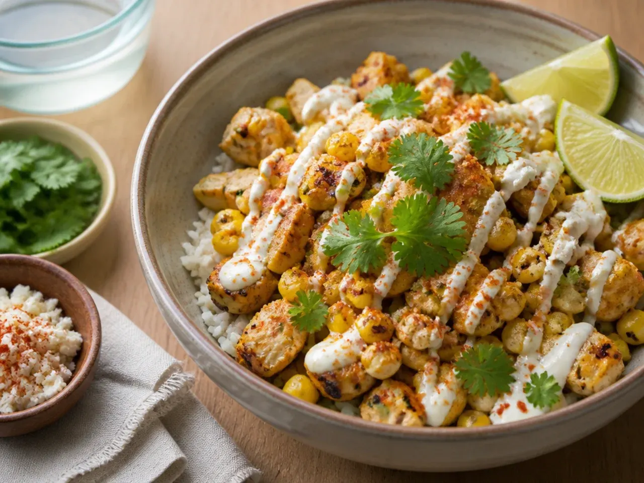 Quick street corn chicken rice bowl made with diced chicken breast and microwave rice