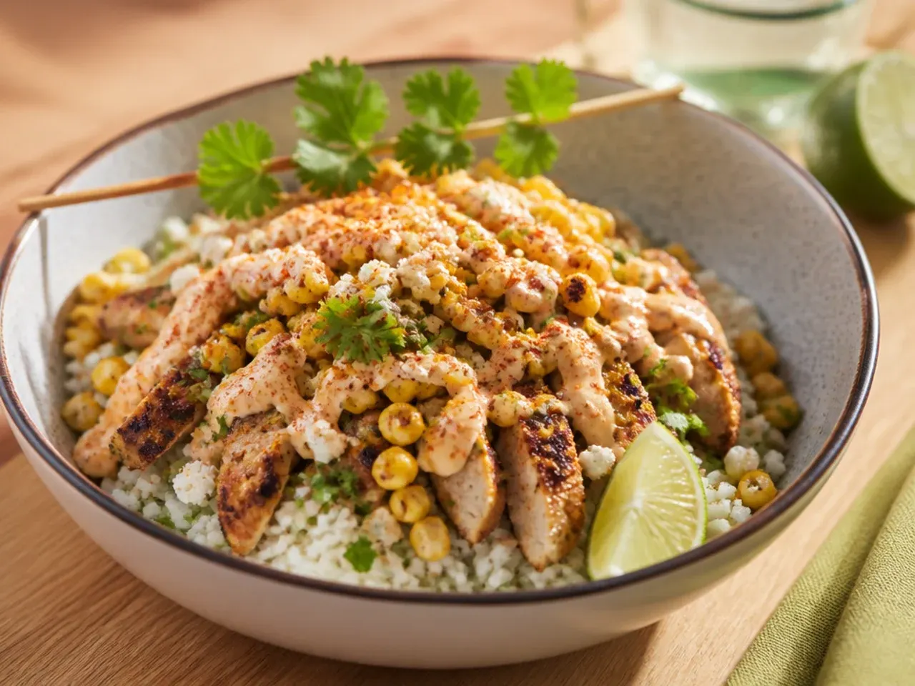 Homemade street corn chicken rice bowl with corn charred directly on the cob over an open flame
