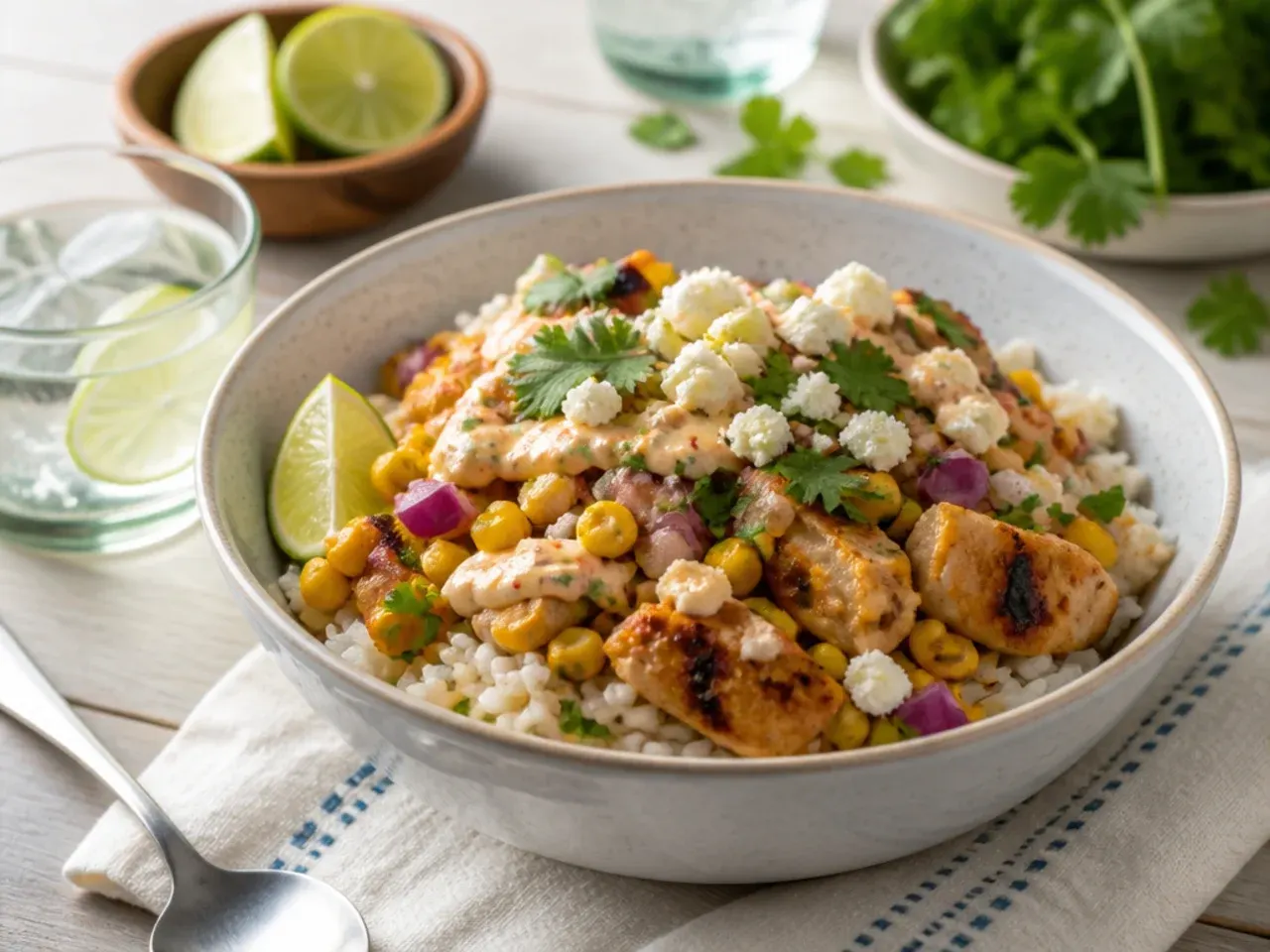 Street corn chicken rice bowl served with lime wedges, tortillas and a side salad