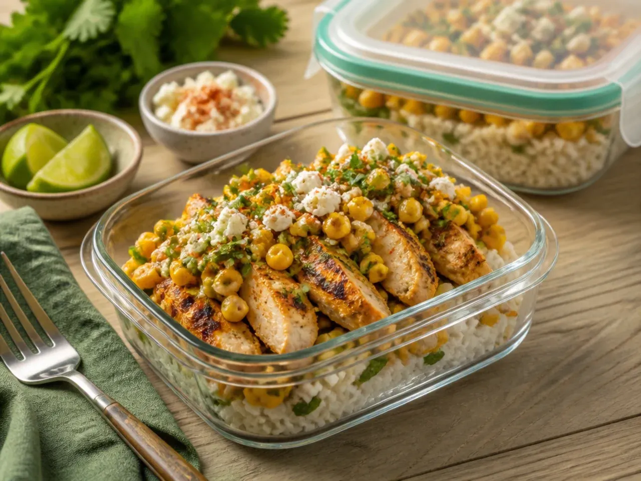 Leftover street corn chicken rice bowl components stored in separate glass containers in the fridge