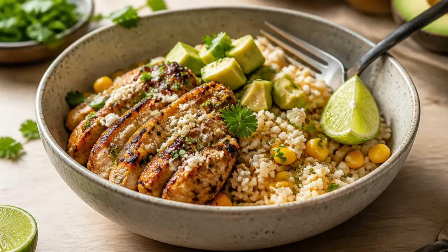 Overhead shot of a street corn chicken rice bowl with charred corn, shredded chicken, black beans, cotija cheese and lime wedges on brown rice