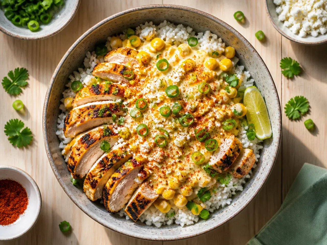 Corn on the cob grilling with charred grill marks alongside sliced grilled chicken breast