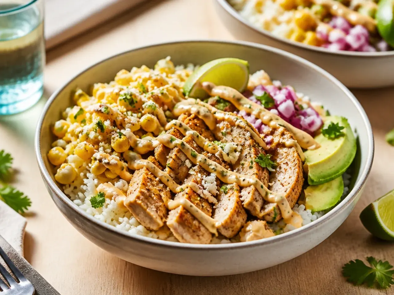 Air fryer basket filled with charred sweetcorn kernels and diced chicken thigh pieces