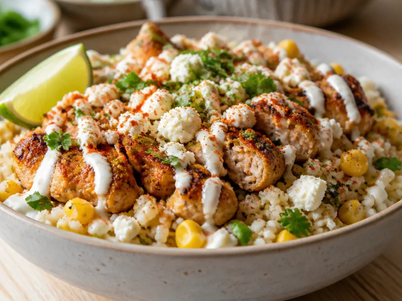 Bowl of riced cauliflower topped with shredded chicken and charred street corn