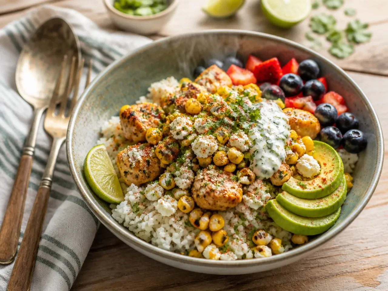 Small bowl of creamy Greek yoghurt corn salad with visible flecks of chilli powder and lime zest