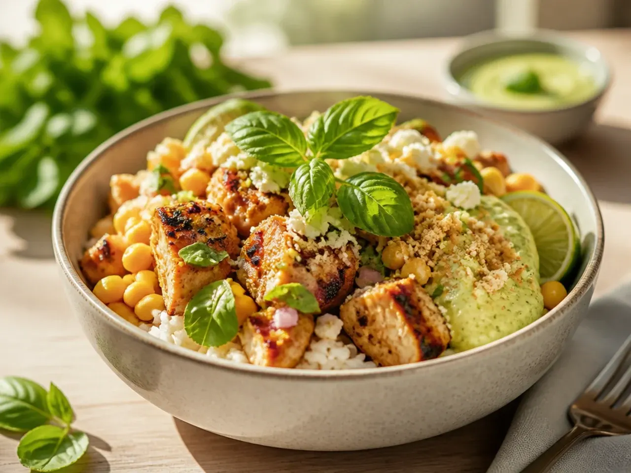 Mashed avocado spread over rice with grilled chicken and corn arranged on top