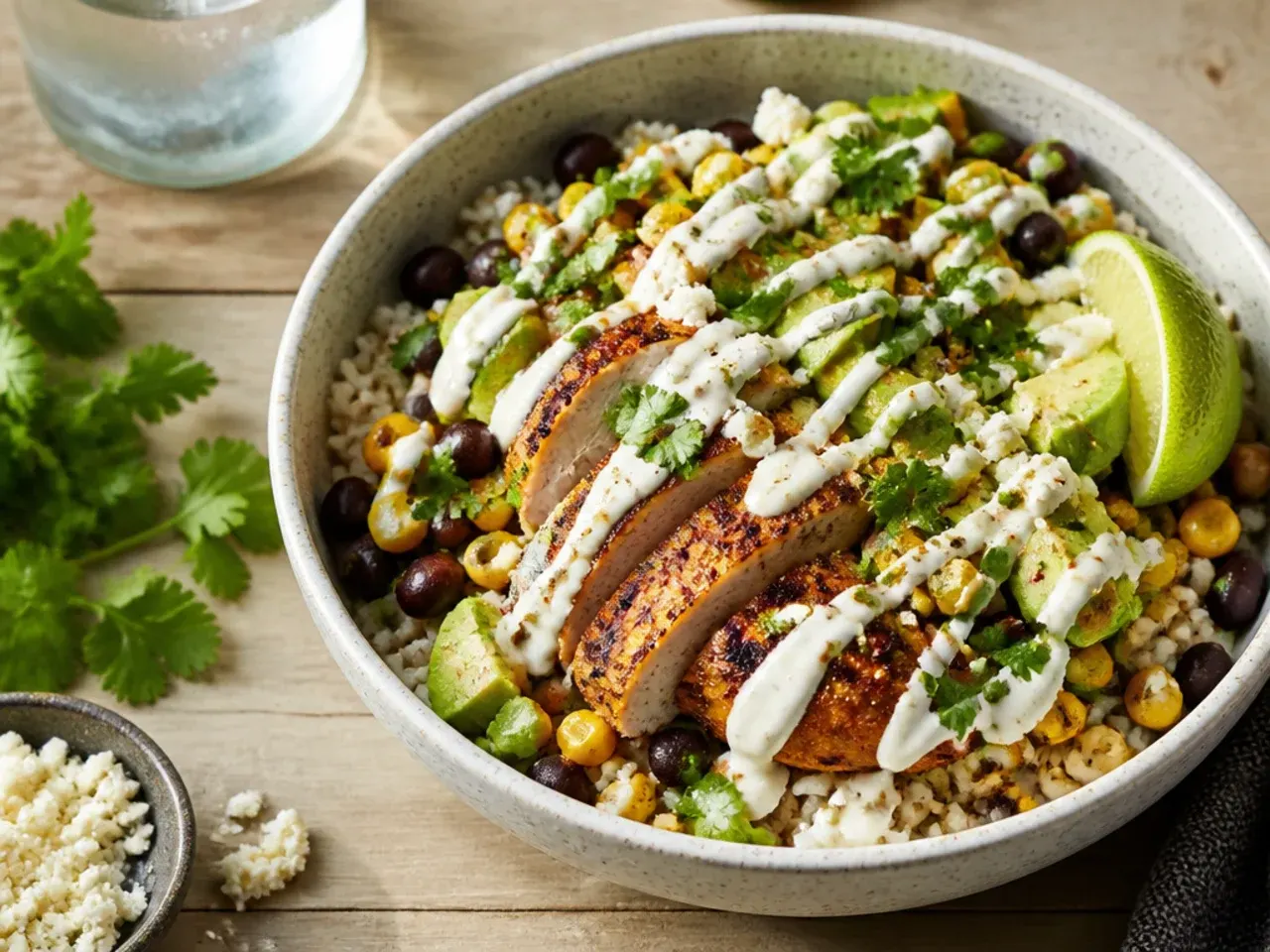 Ladle of black beans being spooned over a rice bowl next to charred corn and chicken