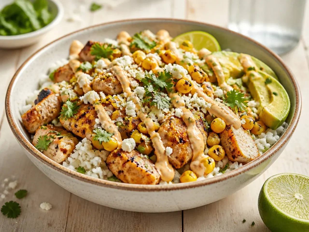 Hand crumbling white cotija cheese over a finished street corn chicken rice bowl
