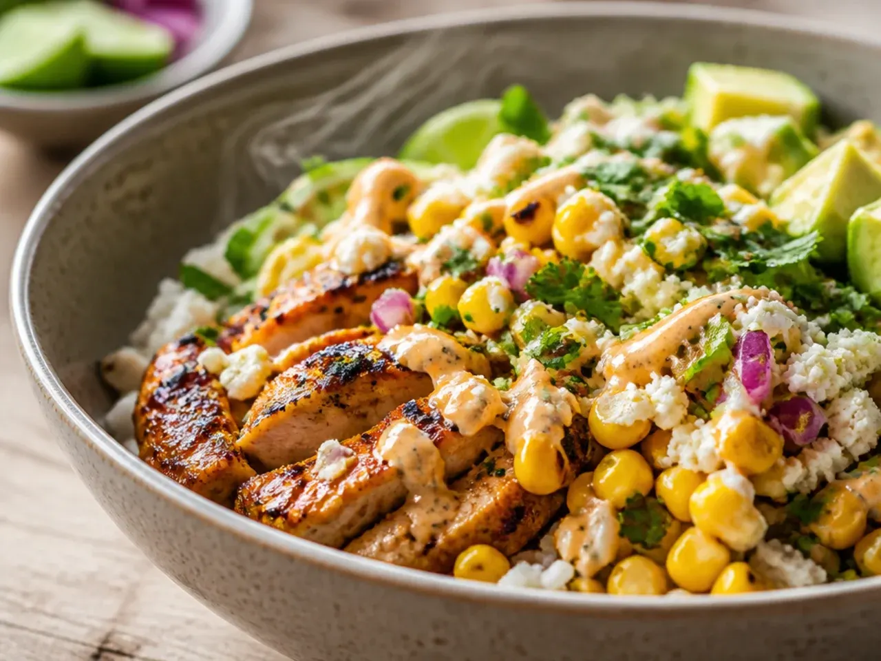 Four glass meal-prep containers each filled with rice, chicken, corn and beans in neat sections