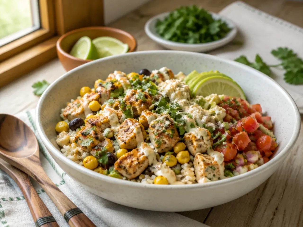 Family-style spread of rice, chicken, corn, lettuce and tortillas laid out for assembling bowls