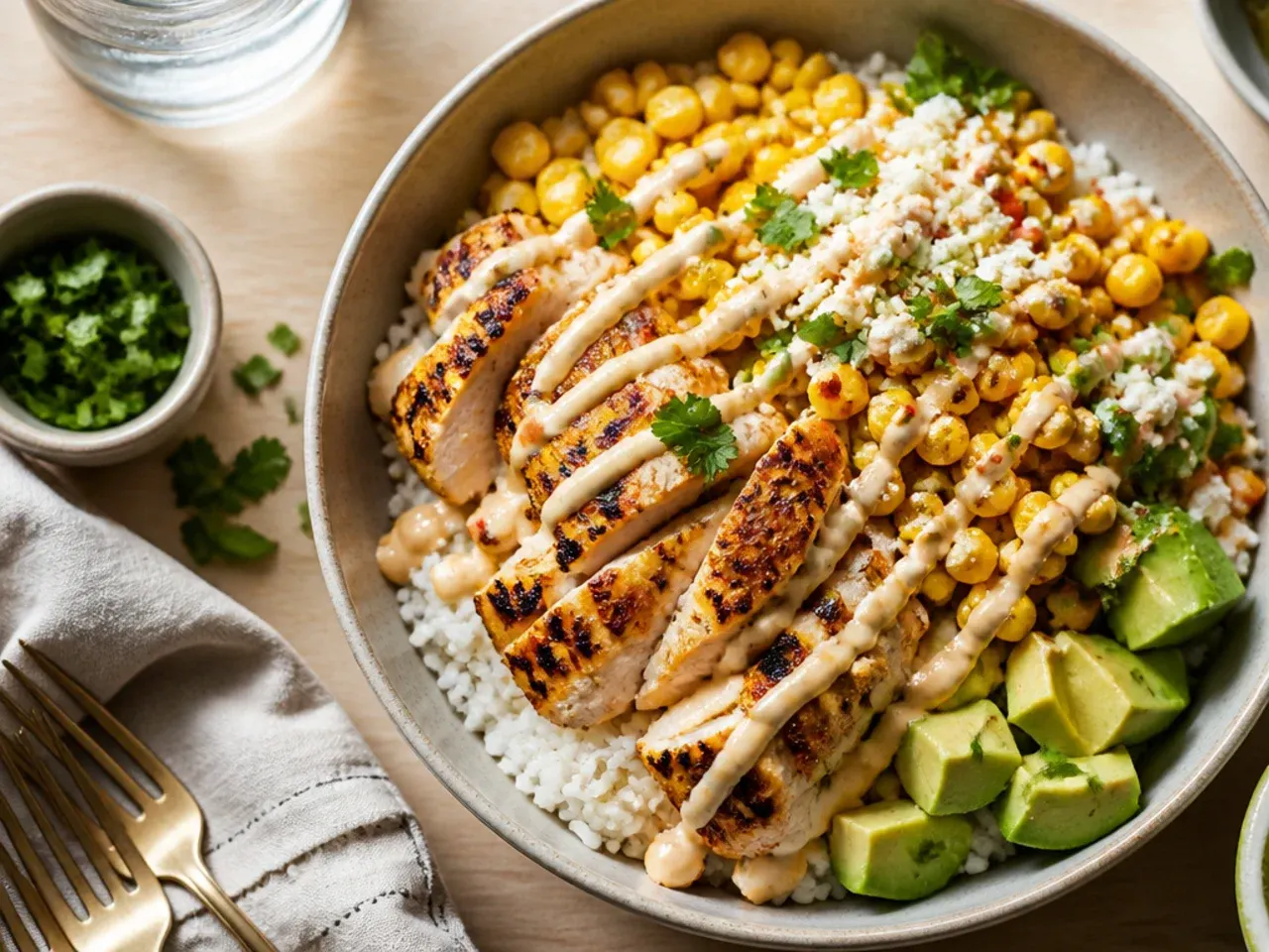 Quick assembled bowl with shredded rotisserie chicken, microwave rice and pan-charred frozen corn