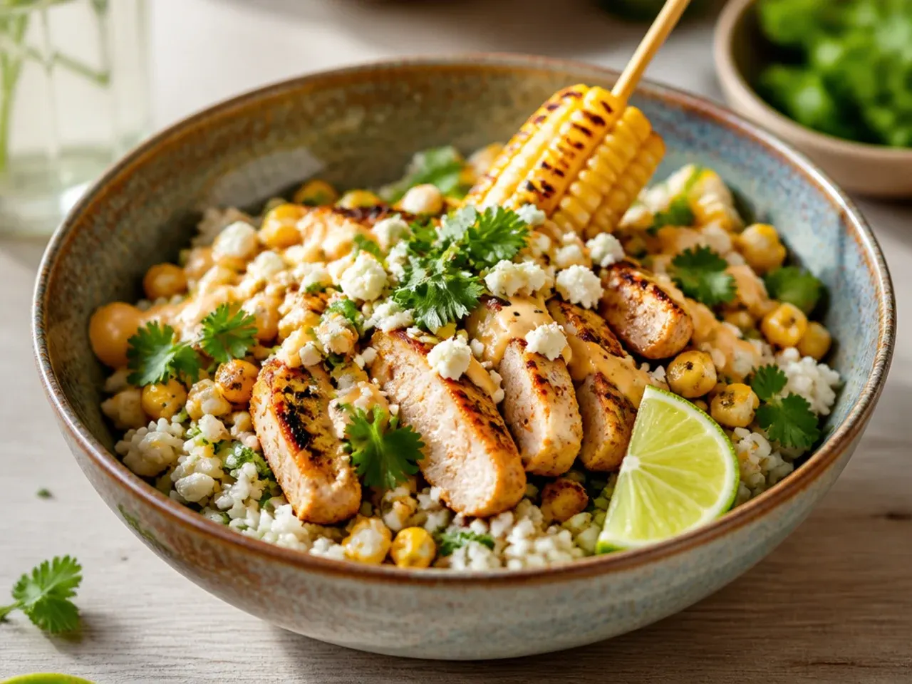 Bowl of fluffy rice being tossed with fresh coriander and lime zest