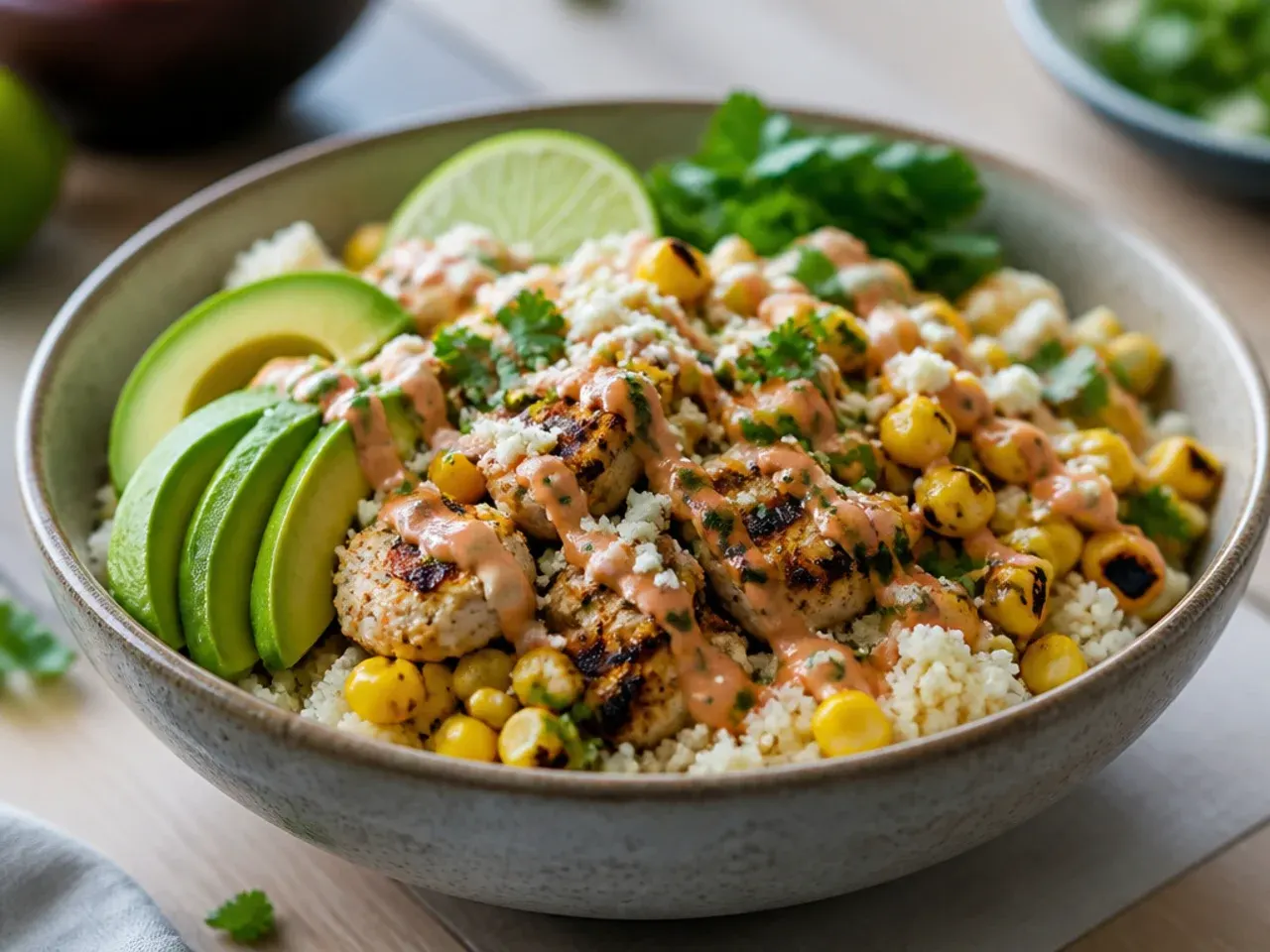 Cooked fluffy quinoa in a bowl topped with grilled chicken and charred corn
