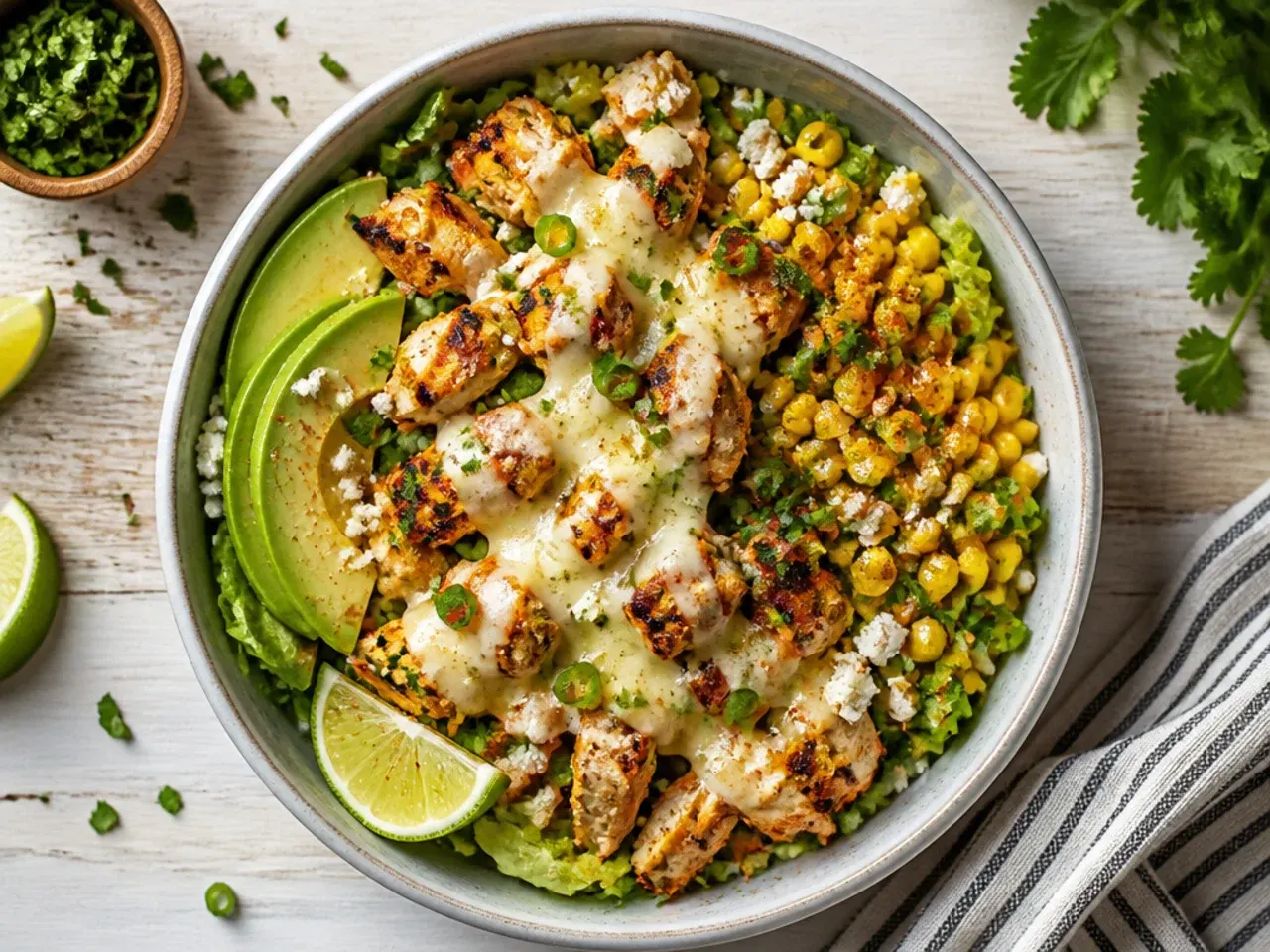 Shredded lettuce base topped with warm charred corn, chicken and avocado slices