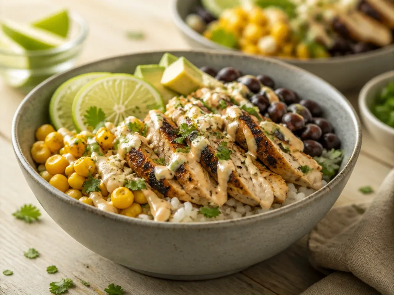 Small jug of pale creamy cashew crema next to a dairy-free street corn chicken bowl