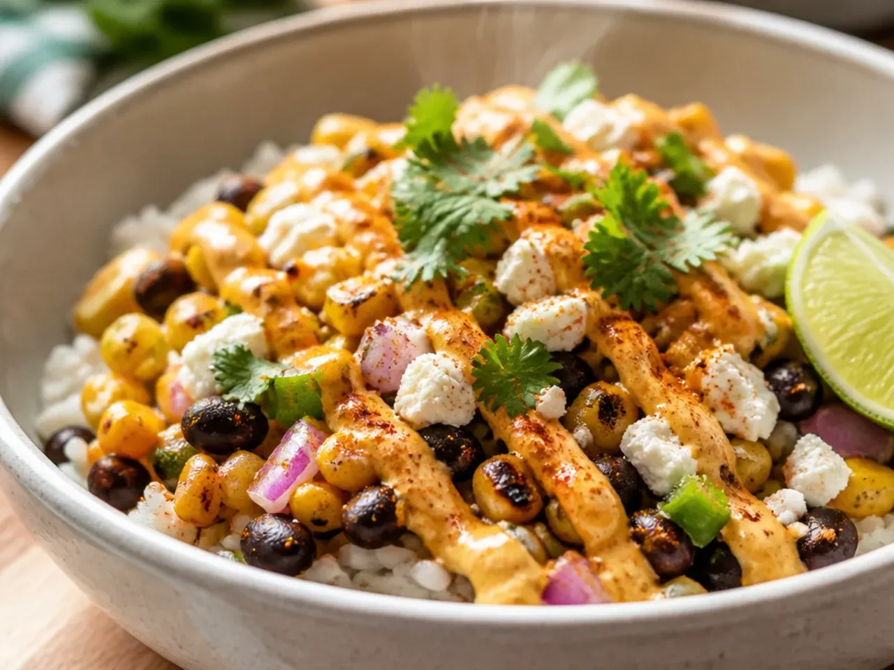 Vegetarian bowl with black beans, charred corn, rice and crumbled cheese, no chicken visible