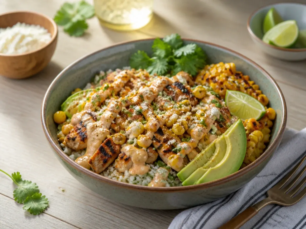 Chopped salad-style bowl with mixed corn, chicken, tomato and rice tossed together
