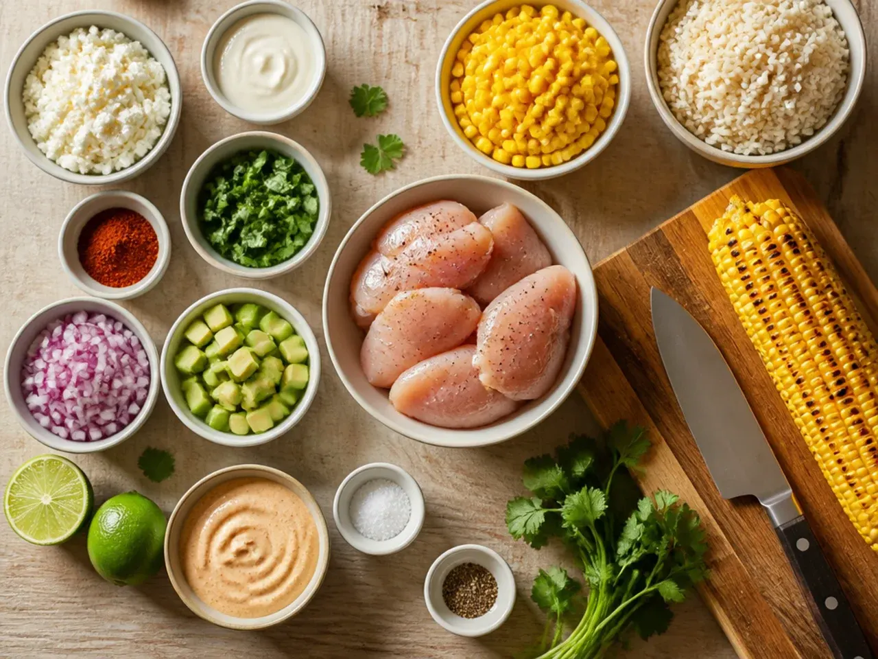 Hands squeezing a fresh lime wedge over a finished chicken and corn rice bowl
