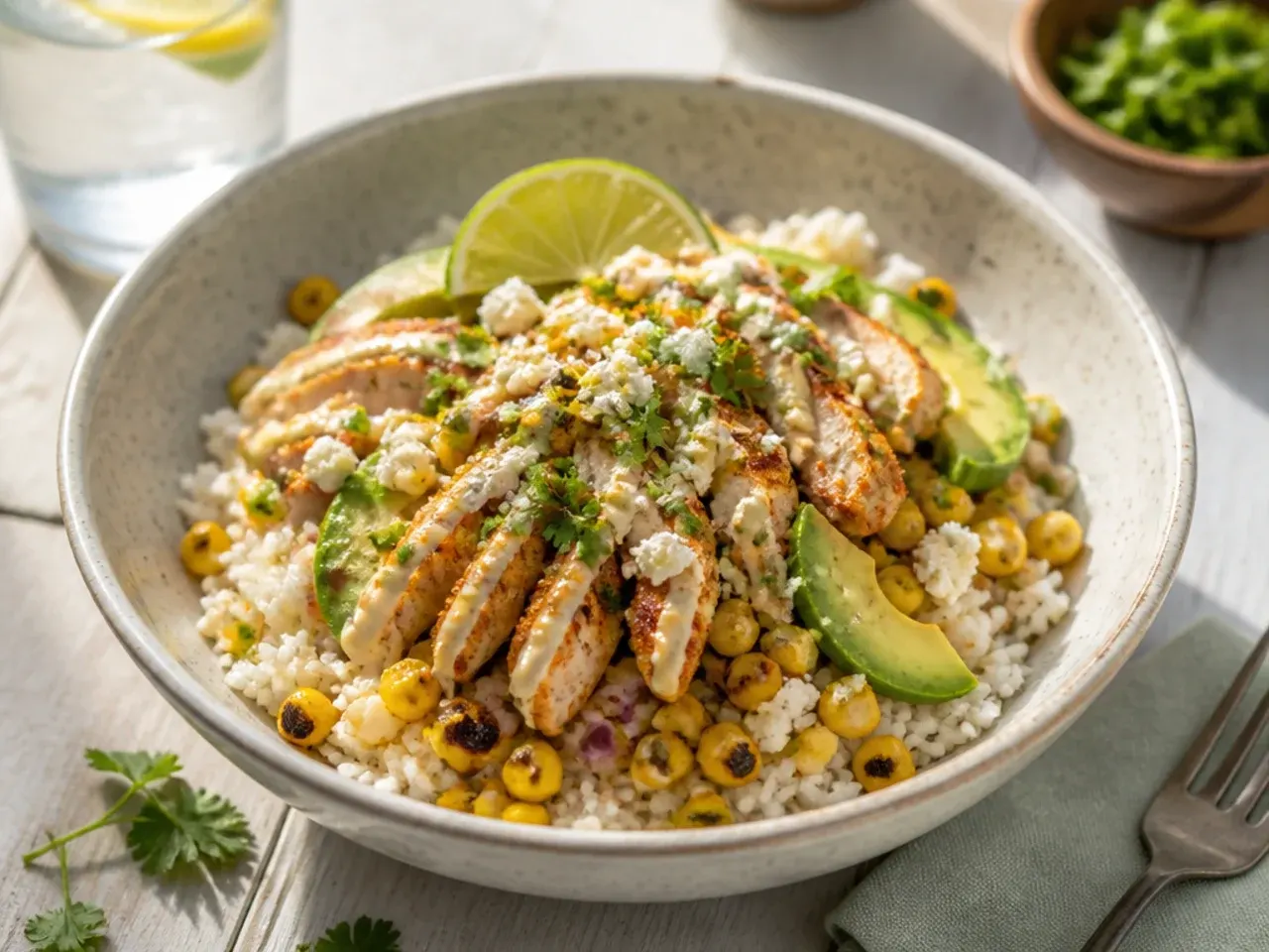 Table spread with street corn chicken rice bowls, lime wedges, tortillas and a side salad