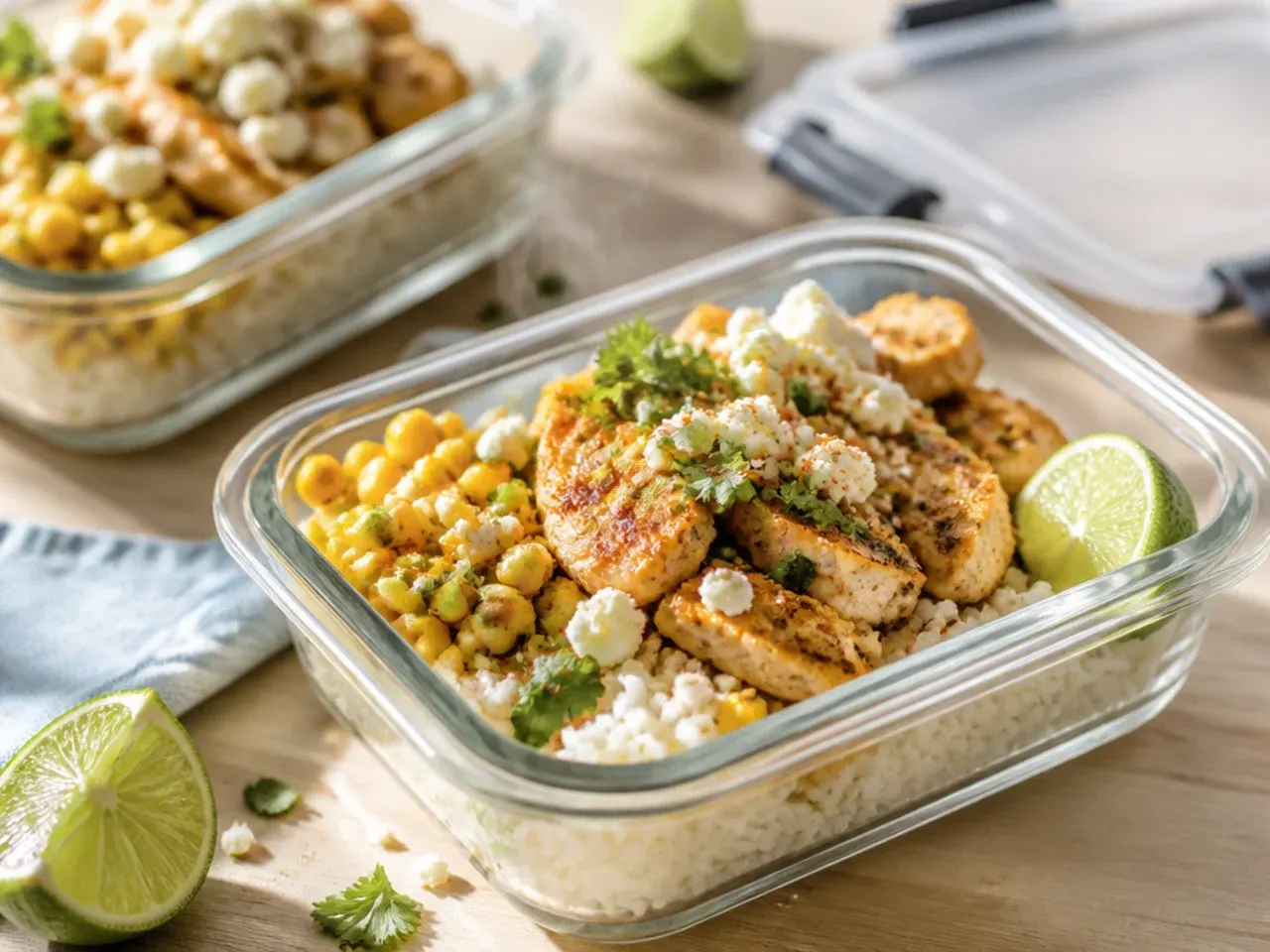 Airtight meal-prep containers of rice, chicken and beans stacked in a fridge