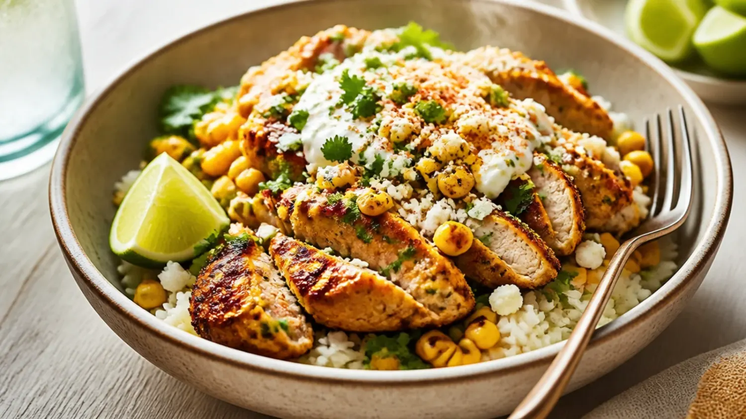 Overhead shot of a street corn chicken rice bowl with charred corn, sliced chicken, crumbled cheese, avocado and lime wedges on fluffy rice