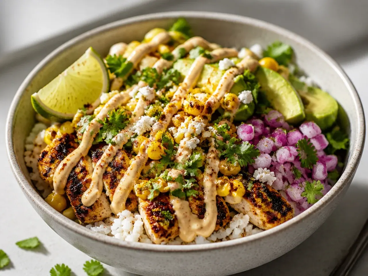 Ingredients for a street corn chicken rice bowl laid out on a kitchen counter, including corn, chicken, lime and rice