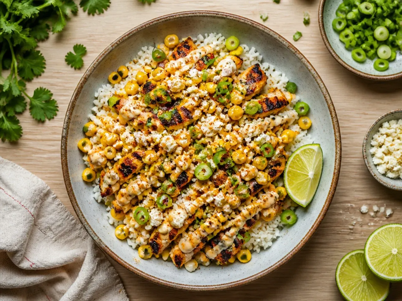 Sliced grilled chicken breast fanned over a bowl of rice and charred corn