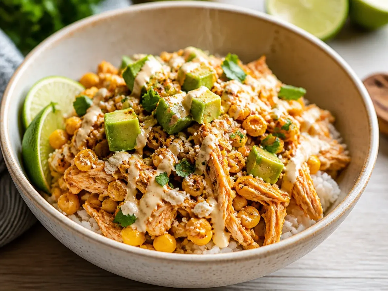 Shredded chicken in a slow cooker insert next to a bowl of cooked rice