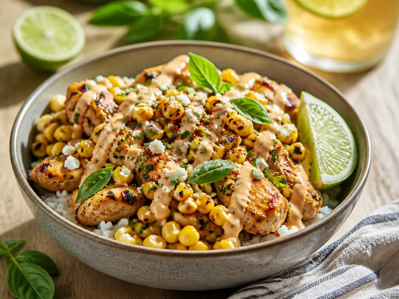 Chipotle crema being drizzled over a street corn chicken rice bowl