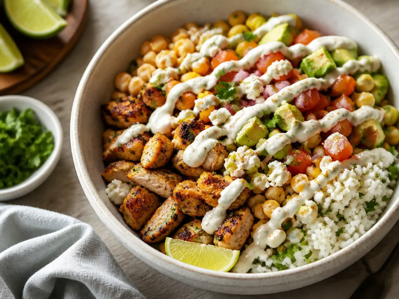Loaded burrito-style bowl with black beans, lettuce, guacamole, chicken and street corn