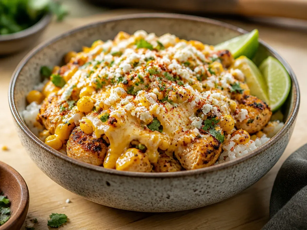 Street corn chicken rice bowl topped generously with melted and crumbled cheese