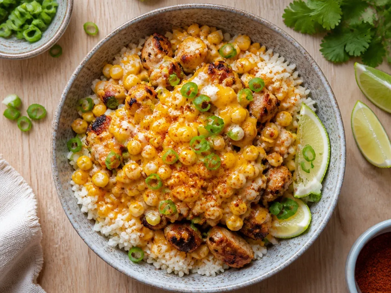 Budget-friendly street corn chicken bowl made with tinned corn and soured cream