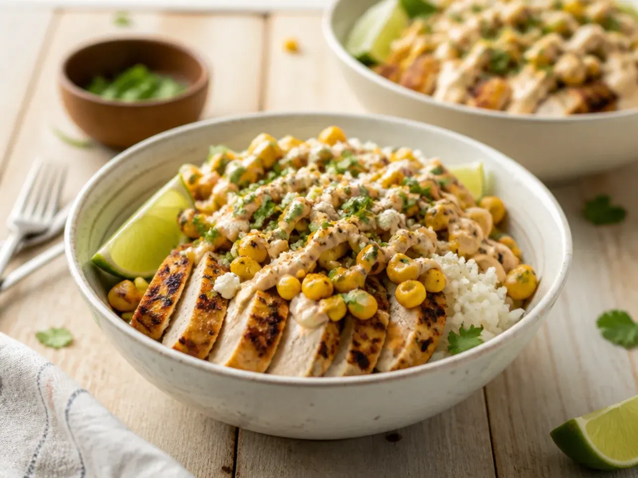 A build-your-own bowl spread with rice, chicken, corn and toppings in separate dishes