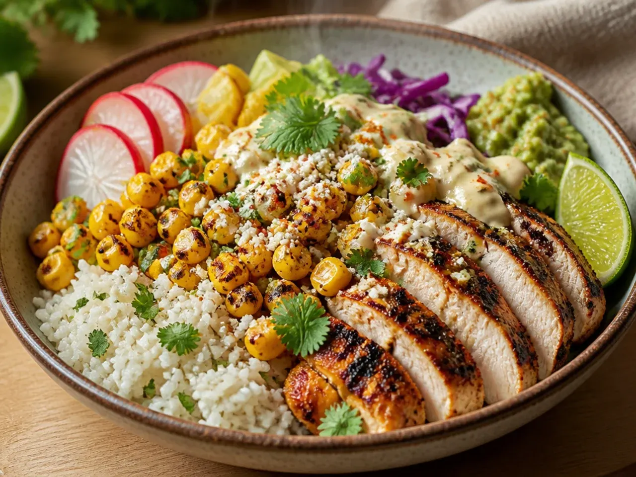 Meal prep containers filled with separate portions of rice, chicken and street corn