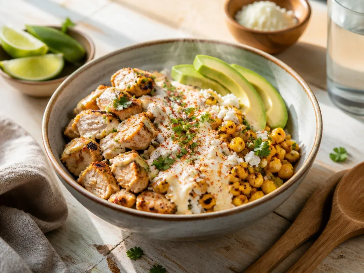 Mild street corn chicken rice bowl served in a shallow dish for children