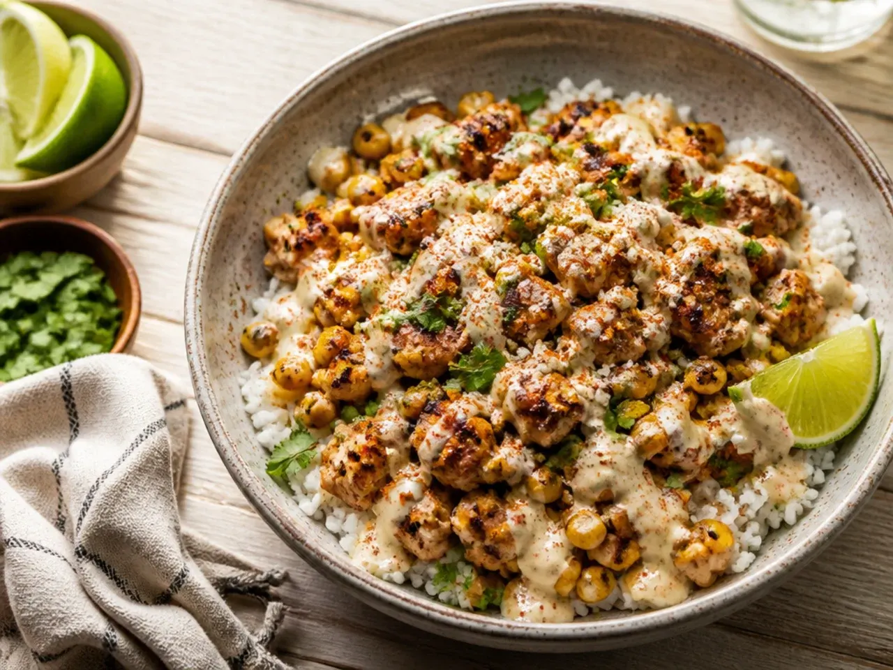 Quick weeknight street corn chicken bowl assembled in under twenty minutes