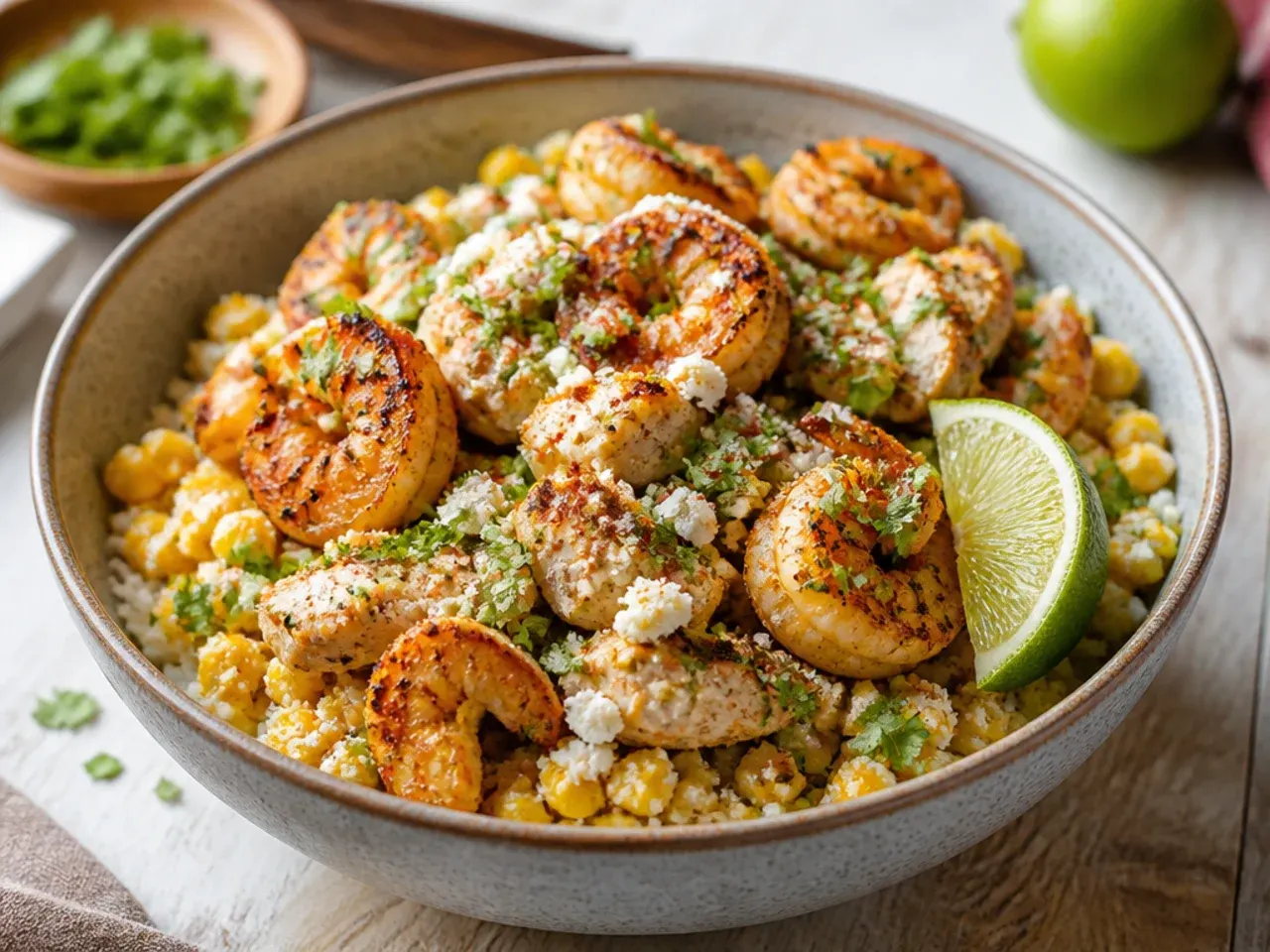 Pan-seared prawns and sliced chicken together on top of a street corn rice bowl