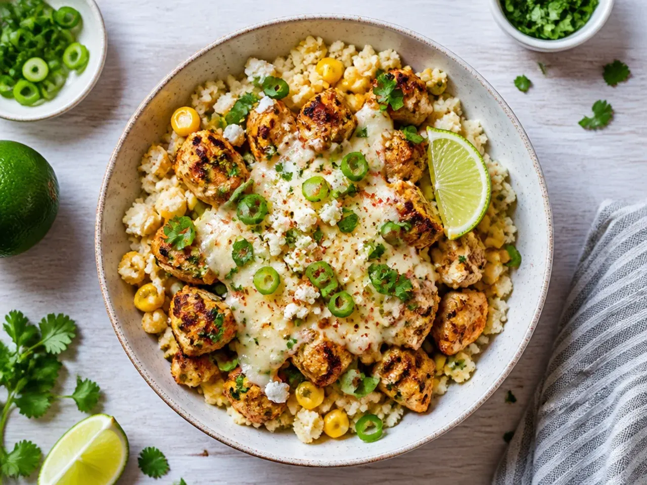 Bowl of cauliflower rice topped with spiced chicken and street corn