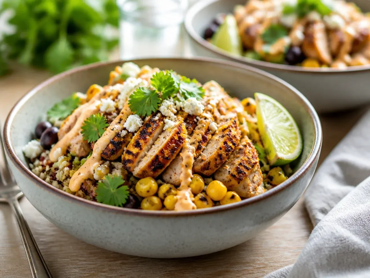 Cooked quinoa topped with spiced chicken, corn and avocado in a bowl