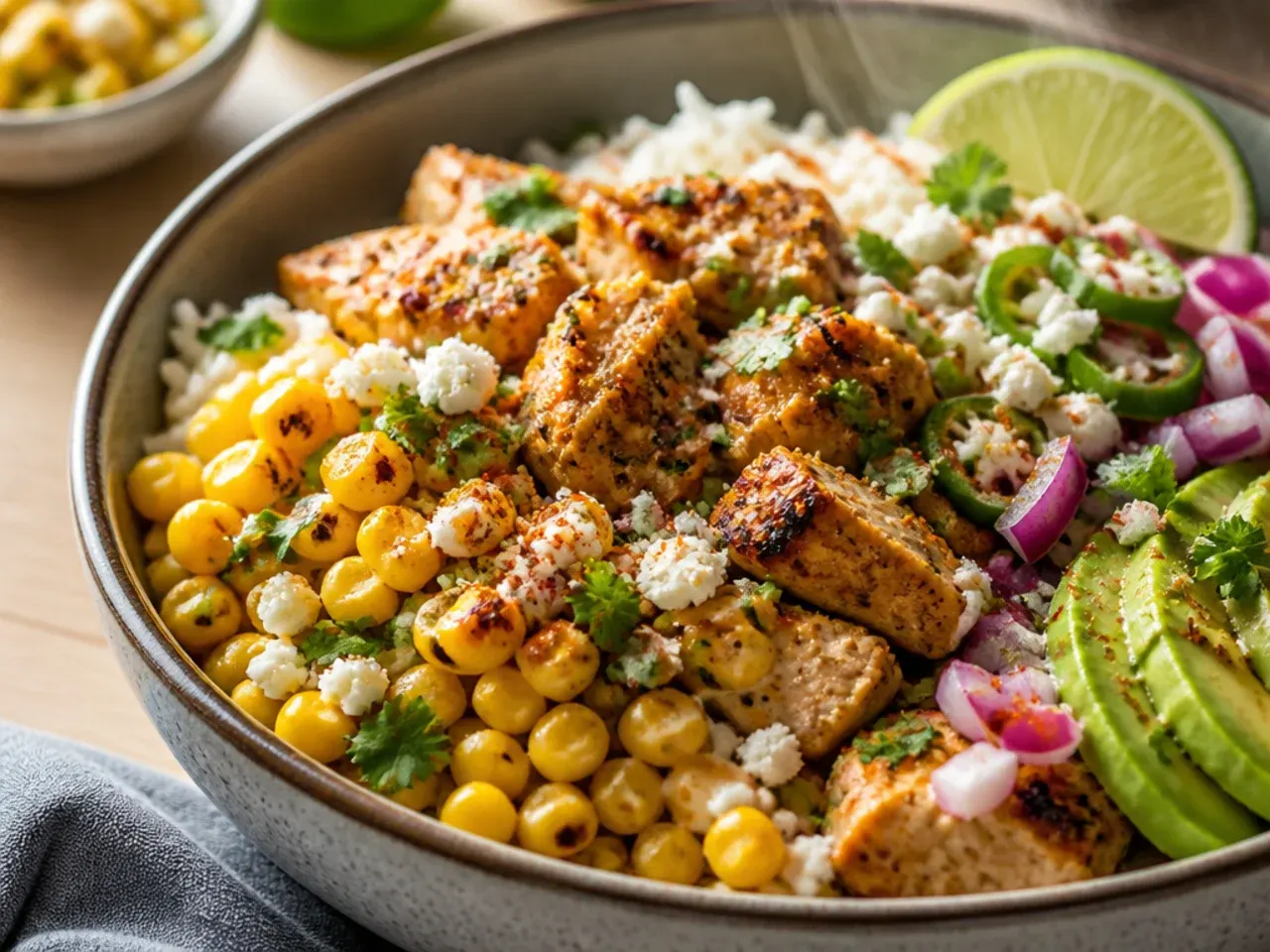 Chicken pieces and corn kernels roasting together on a lined sheet pan