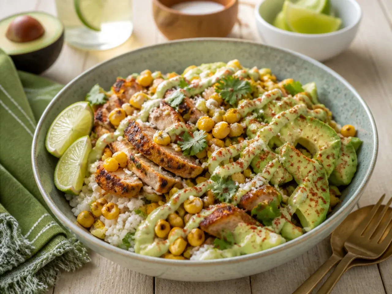 Pale green avocado-lime sauce being spooned over a street corn chicken rice bowl