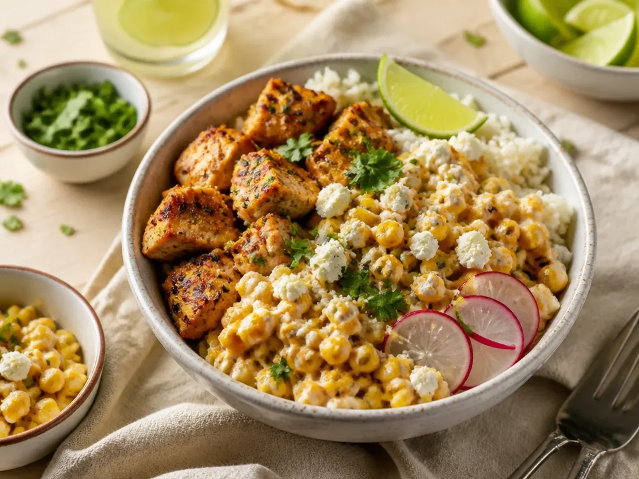 Street corn chicken rice bowl served with lime wedges and tortilla chips on the side