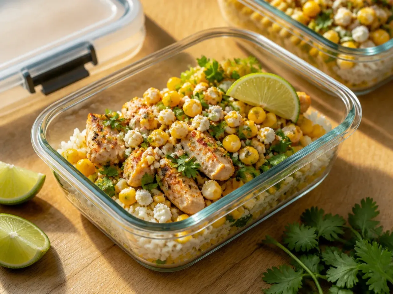 Airtight containers of rice, chicken and street corn stacked in a fridge