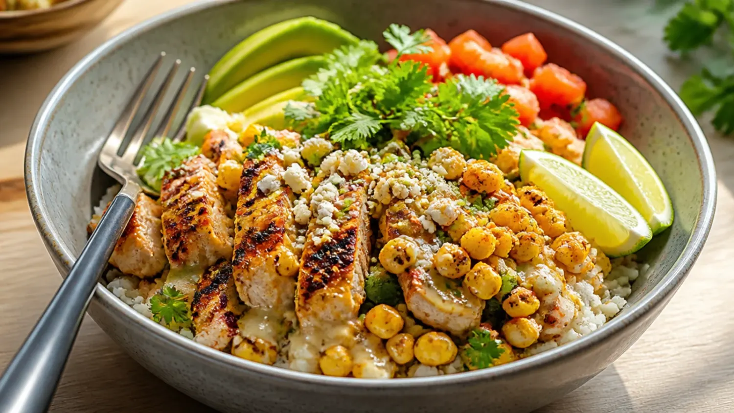 Overhead shot of a street corn chicken rice bowl with sliced grilled chicken, charred corn, black beans, avocado and cotija cheese over cilantro lime rice