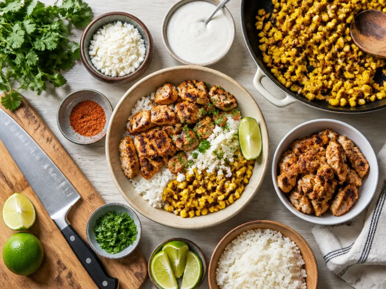 Close-up of charred street corn kernels being mixed with mayonnaise, cotija cheese and chilli powder in a skillet