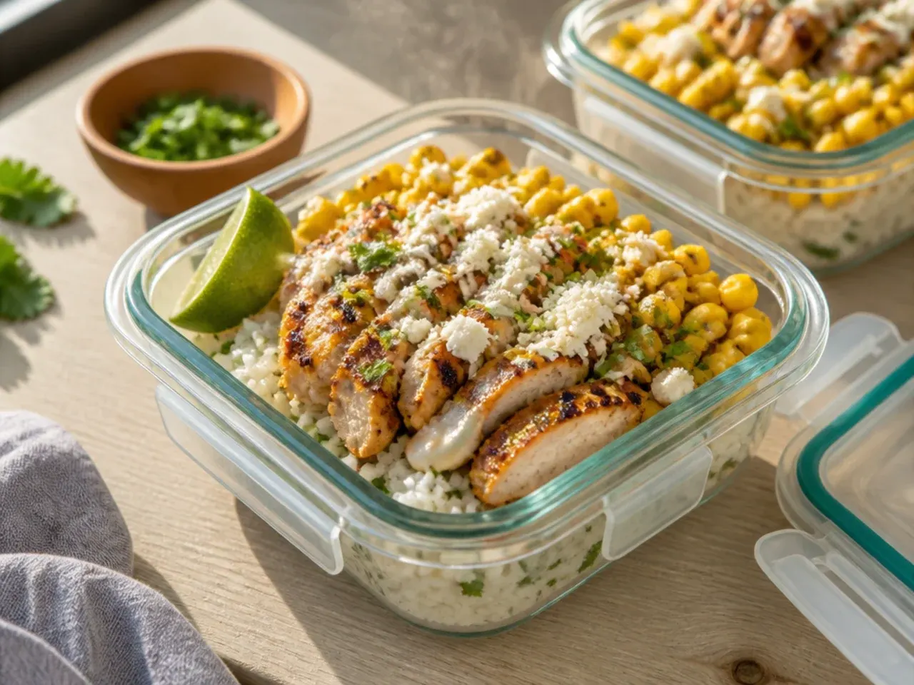 Meal prep containers filled with separated portions of chicken, rice, corn and toppings for a street corn chicken rice bowl