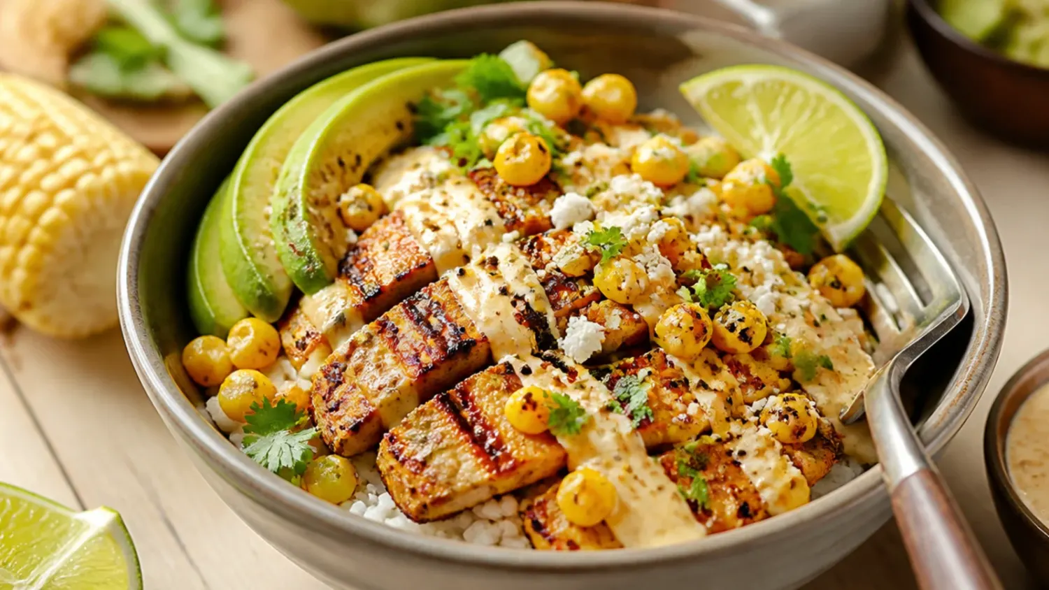 A street corn chicken rice bowl with charred corn, creamy cotija sauce, sliced grilled chicken and lime wedges over rice