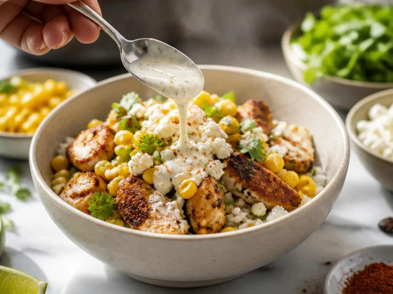 street corn chicken rice bowl recipe step 6