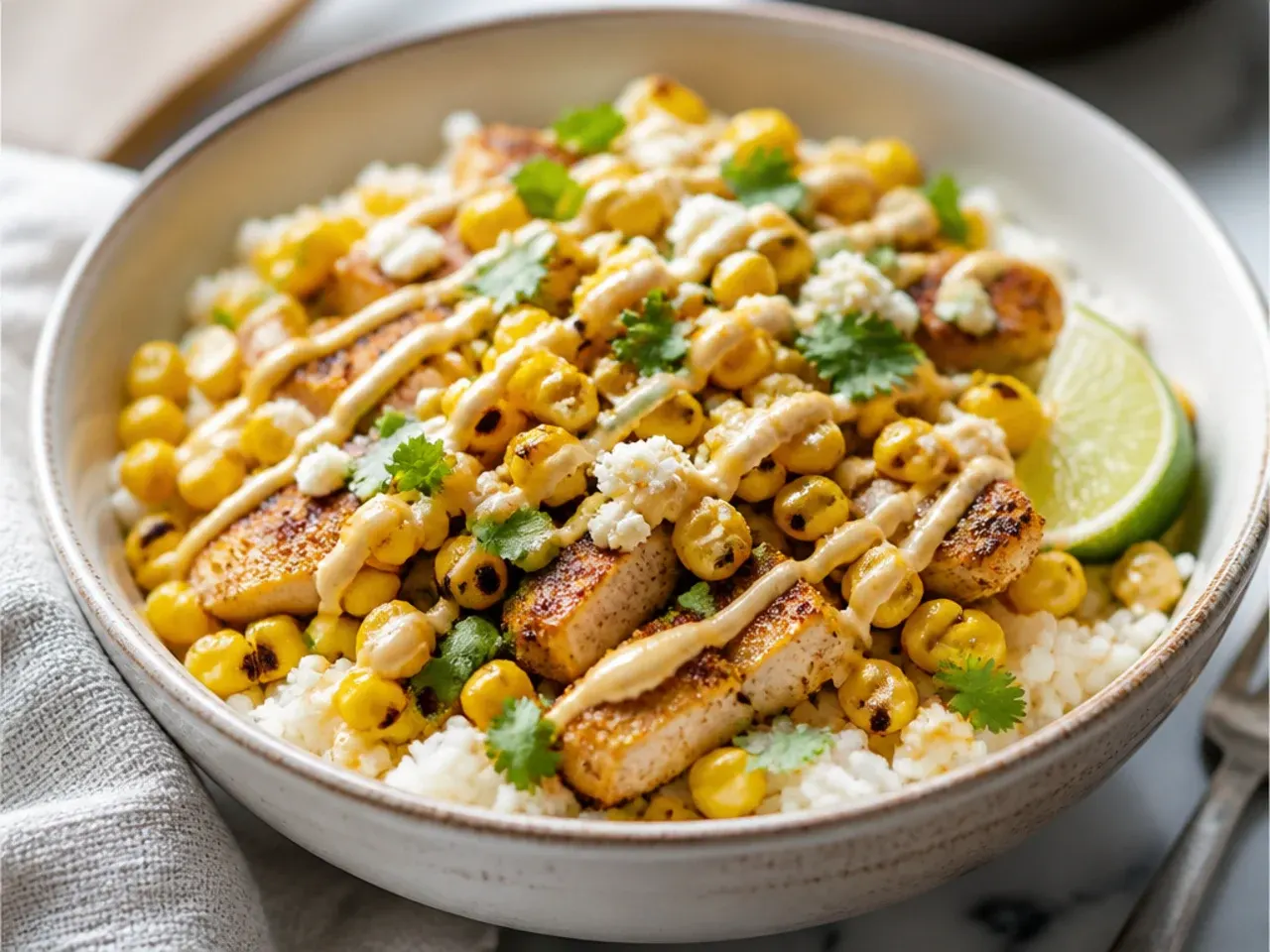 Overhead shot of ingredients for a street corn chicken rice bowl laid out on a kitchen counter